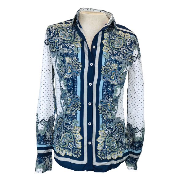 Zara Basic Navy Blue Floral Button Down Shirt S - Picture 1 of 5